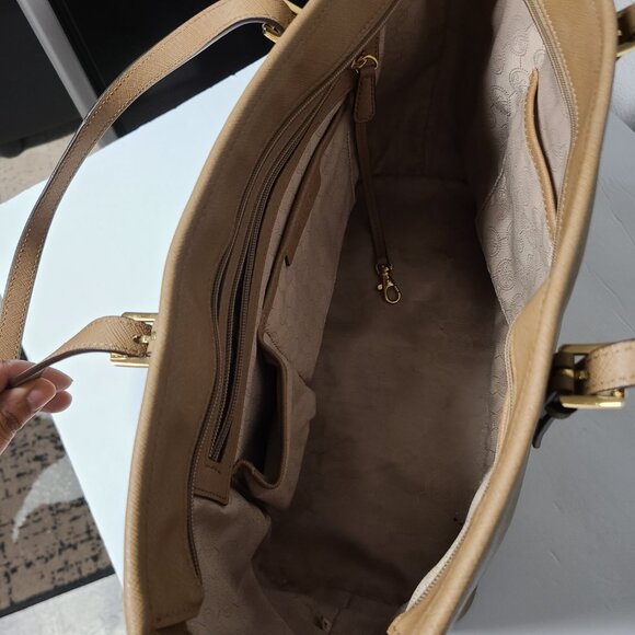 Michael Kors Large Jet Set Saffiano Leather Tote Handbag Purse Brown Top Zip - Picture 6 of 9